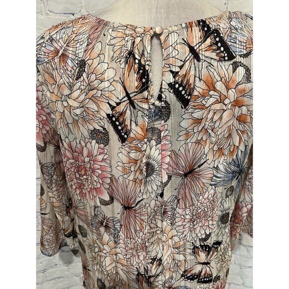 Roz & Ali Butterfly and Floral Semi Sheer Blouse Silver Metallic Threads Size S - Picture 5 of 7